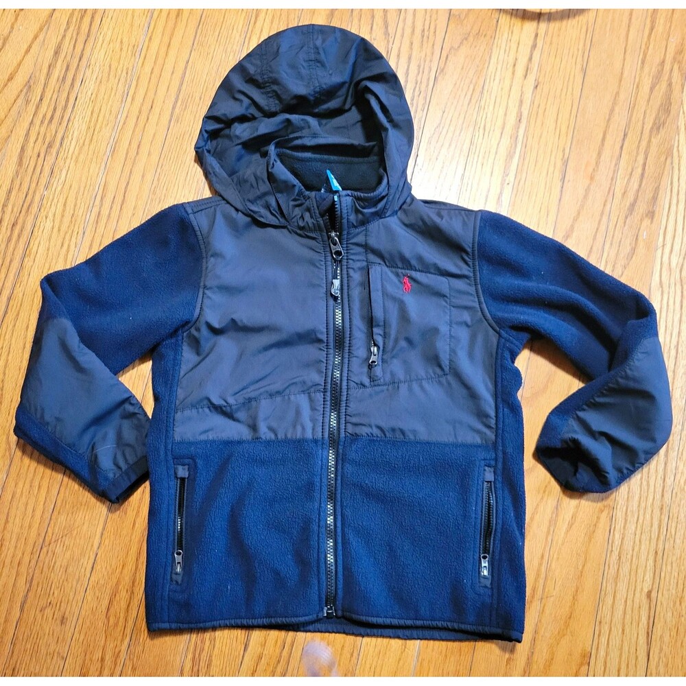 Polo Ralph Lauren Boys Navy Hooded Full Zip Fleece Jacket Pockets Sz 7 red pony